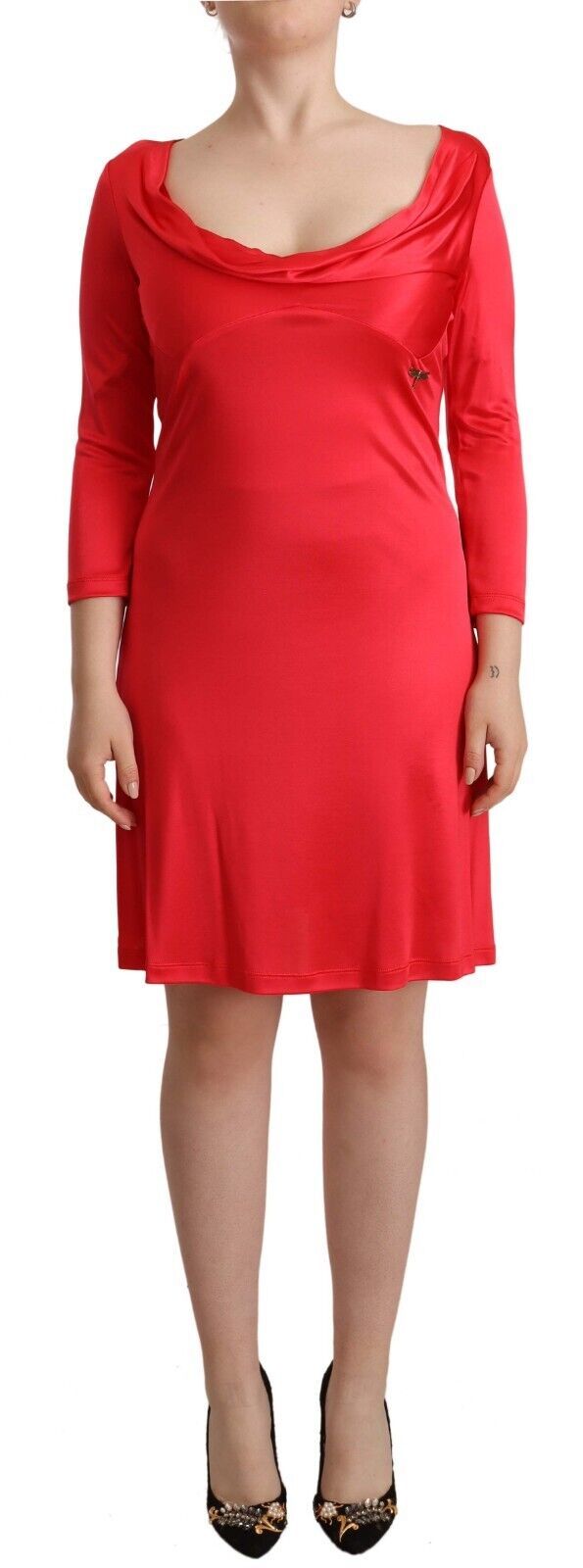 John Galliano Red Viscose 3/4 Sleeves Deep Round Neck Sheath Women's Dress