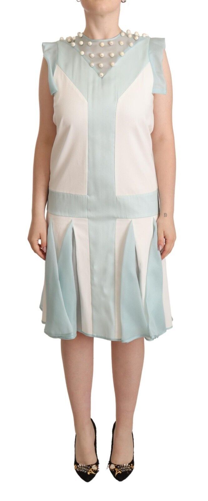 Sergei Grinko Multicolor Faux Pearl Sleeveless Shift Midi Women's Dress
