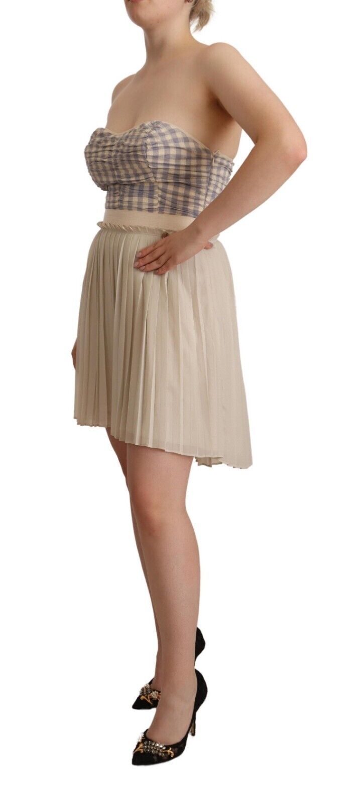 Guess Beige Checkered Pleated A-line Strapless Bustier Women's Dress