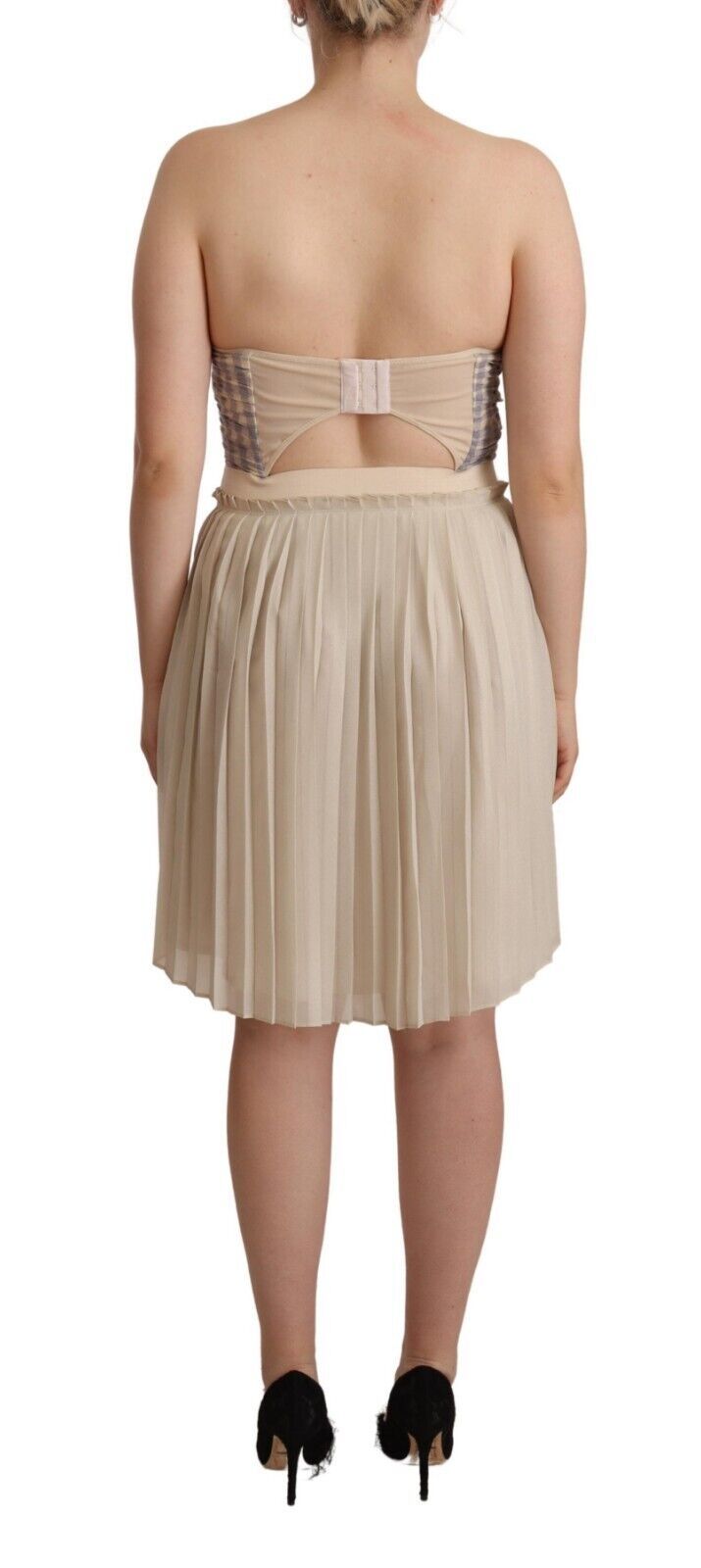 Guess Beige Checkered Pleated A-line Strapless Bustier Women's Dress