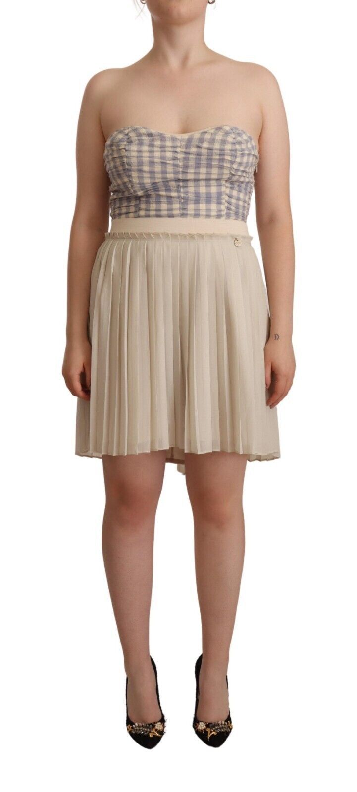 Guess Beige Checkered Pleated A-line Strapless Bustier Women's Dress