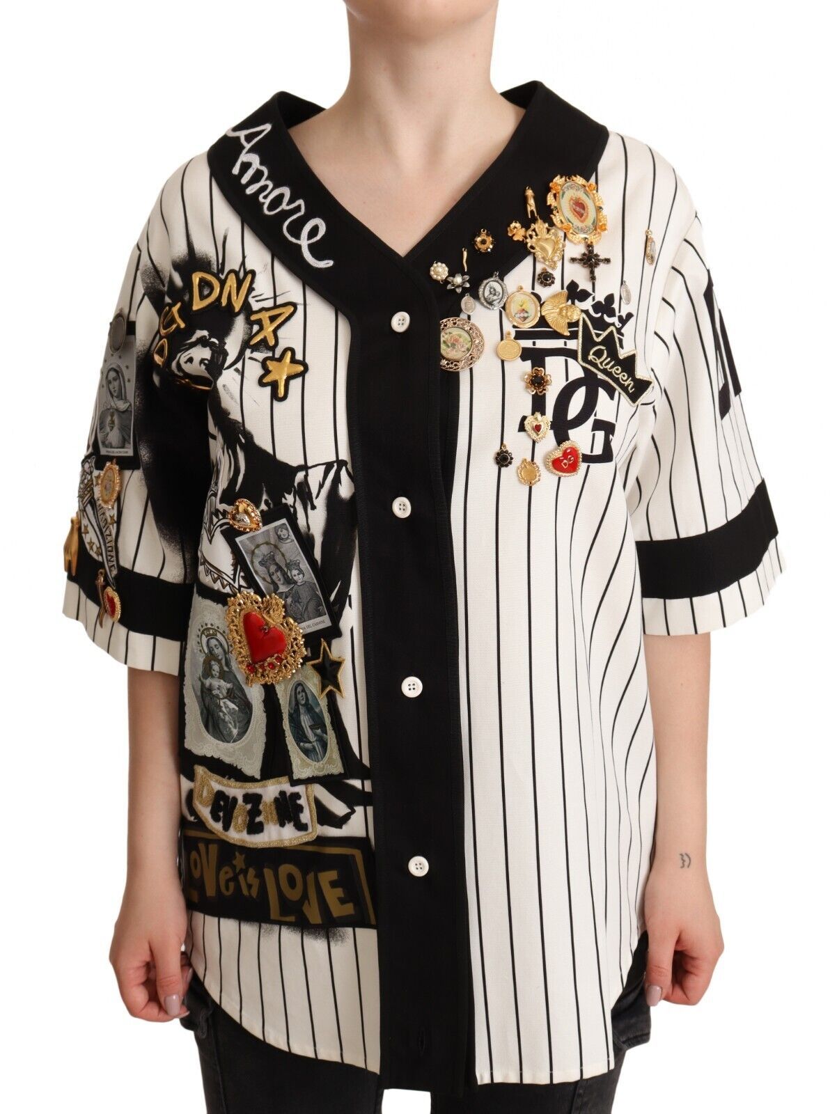 Dolce & Gabbana White Cotton Crystal Charms Amore Women's Shirt