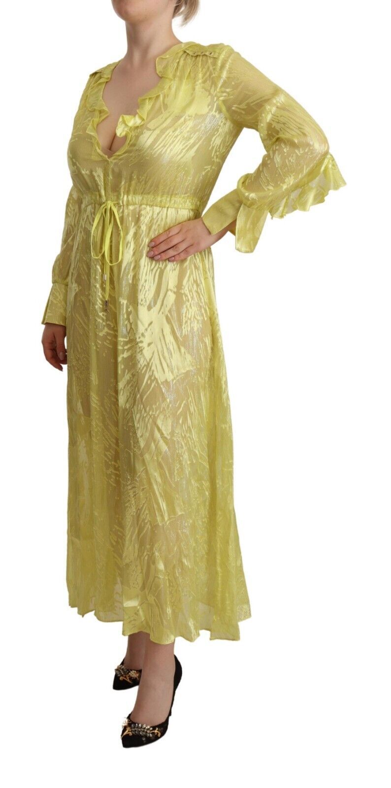 Patrizia Pepe Yellow Silk Long Sleeves Plunging Maxi Women's Dress