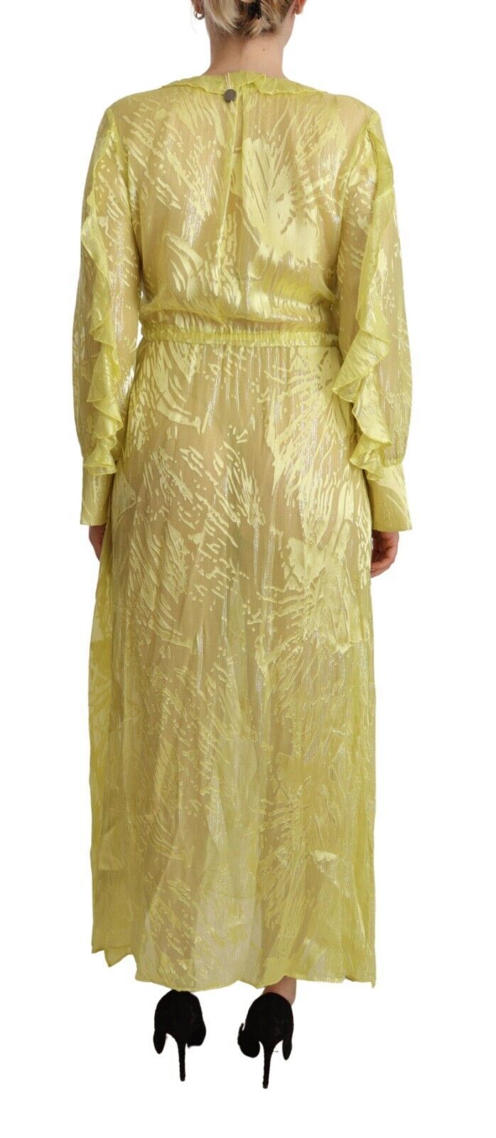 Patrizia Pepe Yellow Silk Long Sleeves Plunging Maxi Women's Dress