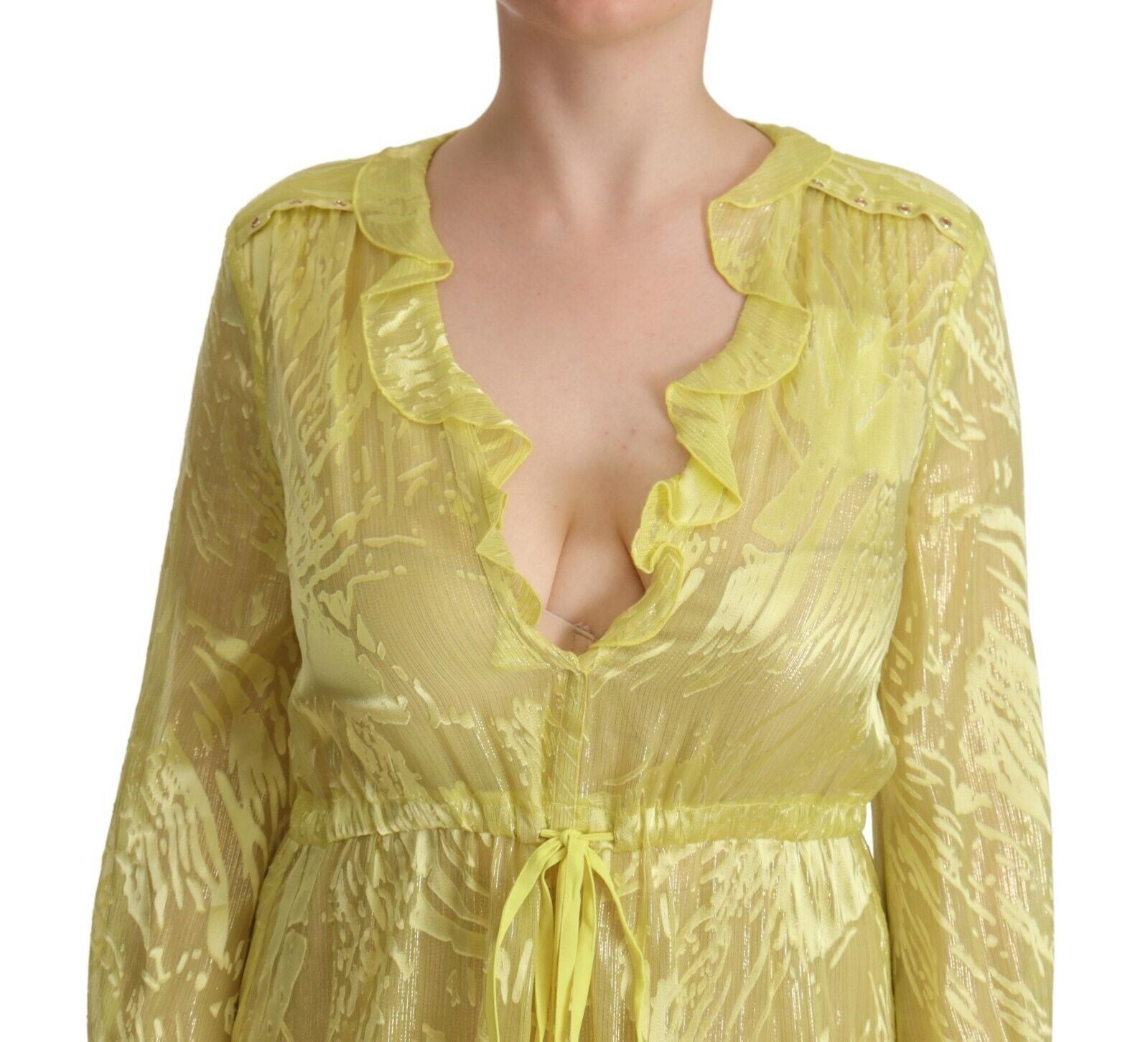 Patrizia Pepe Yellow Silk Long Sleeves Plunging Maxi Women's Dress