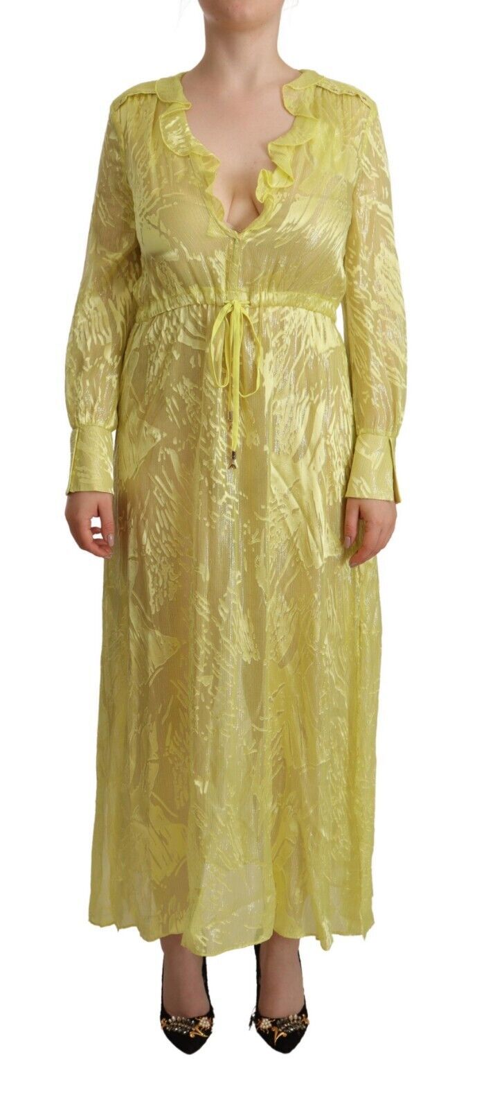 Patrizia Pepe Yellow Silk Long Sleeves Plunging Maxi Women's Dress