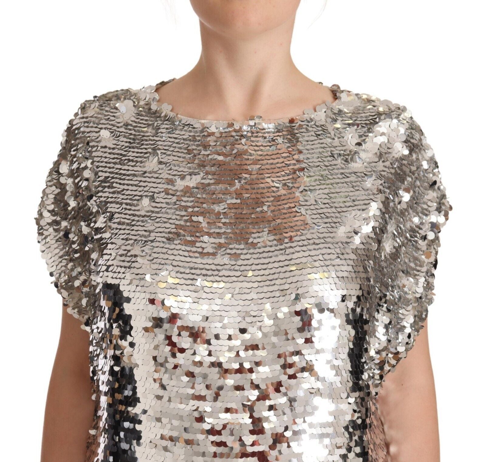 MSGM Silver Sequined Polyester Short Sleeves Shift Mini Women's Dress