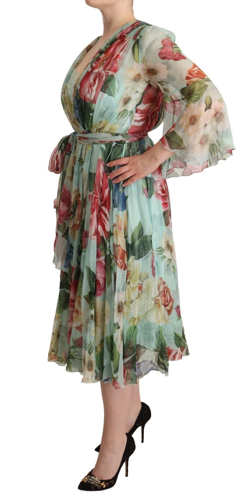 Dolce & Gabbana Green Floral Long Sleeves V-neck Midi Women's Dress