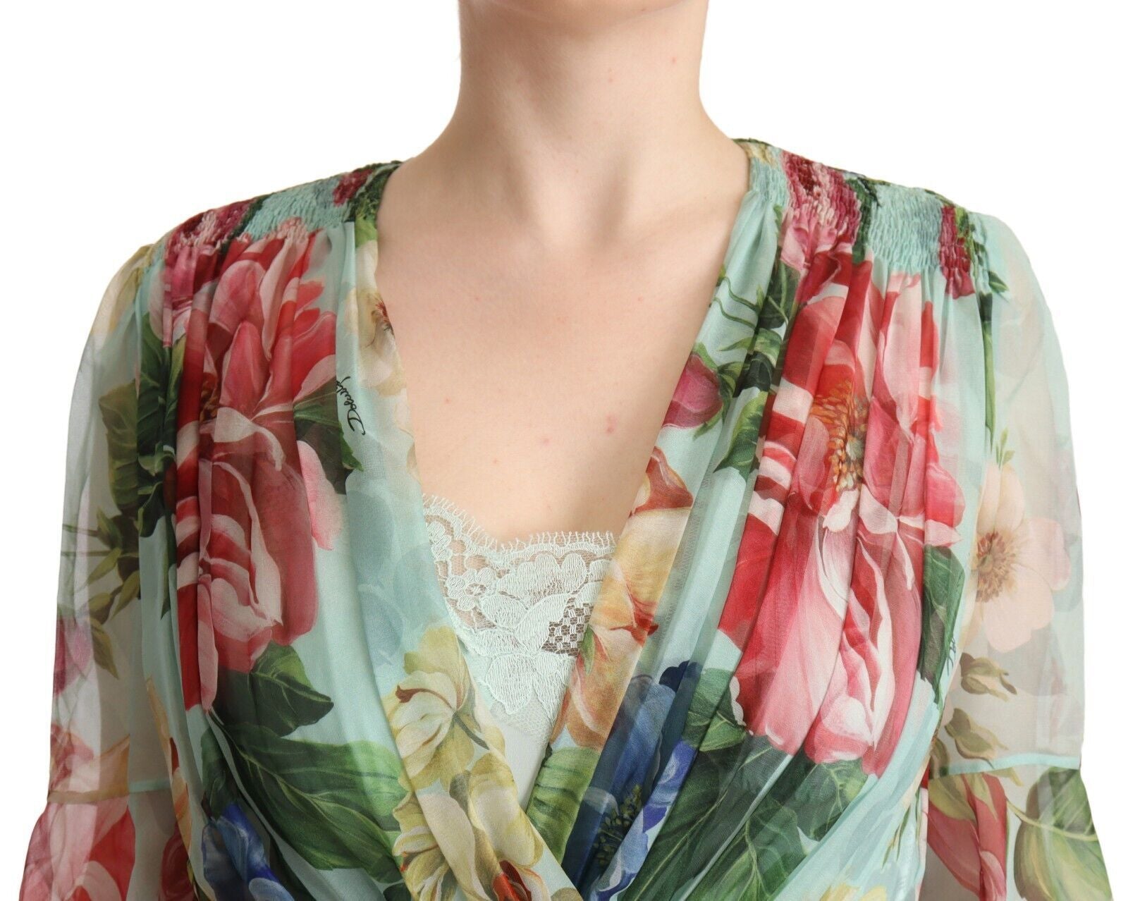 Dolce & Gabbana Green Floral Long Sleeves V-neck Midi Women's Dress
