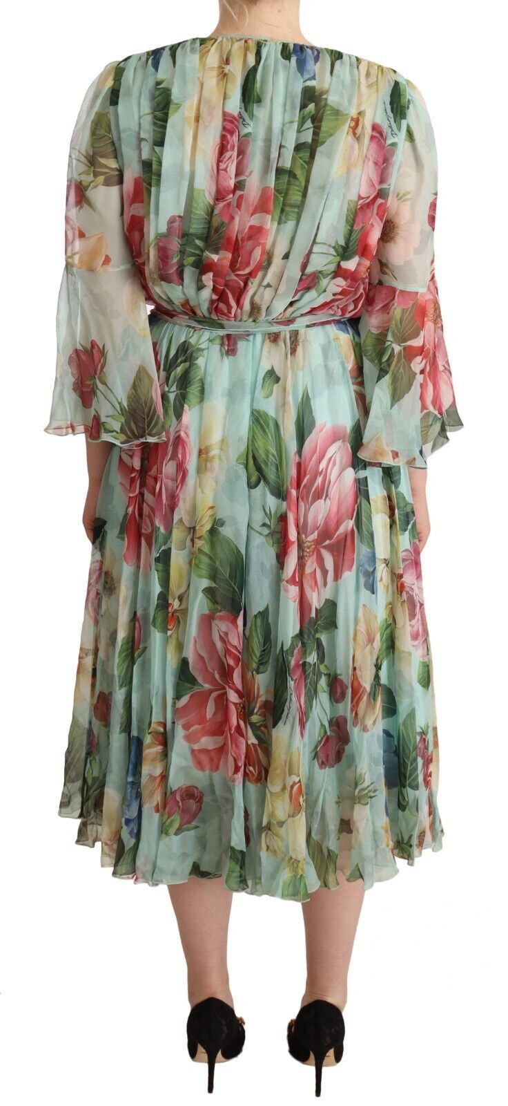 Dolce & Gabbana Green Floral Long Sleeves V-neck Midi Women's Dress
