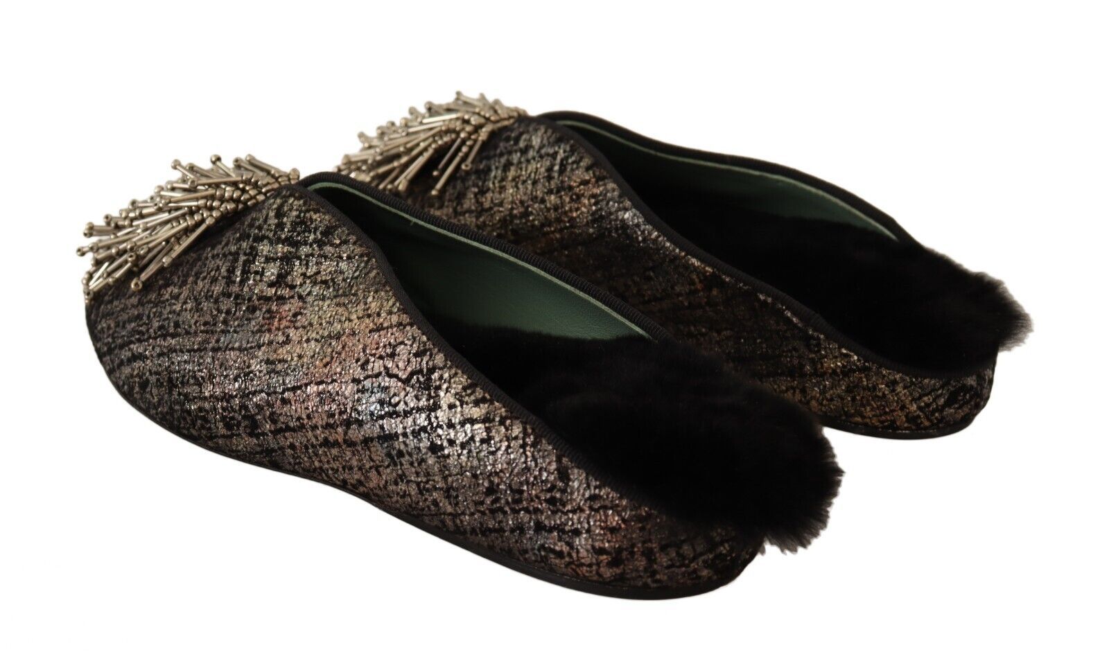 Paola D'Arcano Gold Jacquard Leather Embellished Slip On Women's Shoes