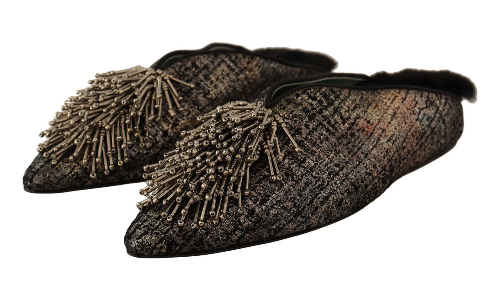 Paola D'Arcano Gold Jacquard Leather Embellished Slip On Women's Shoes