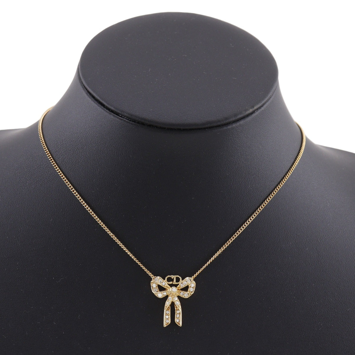 Christian Dior Bow Cd Pendant Metal With Crystal Gold Gold_Plated Necklace Jewelry (Pre-Owned)