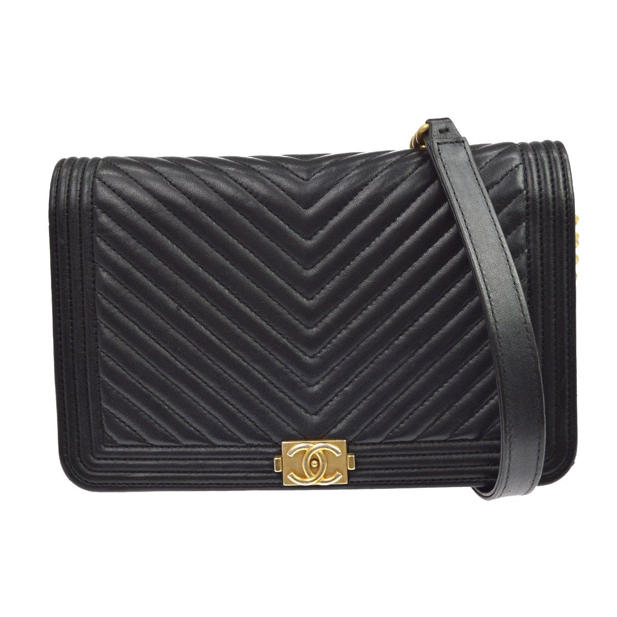 Chanel Boy Wallet On Chain Chevron Lambskin Black Leather Shoulder Bag Bag (Pre-Owned)