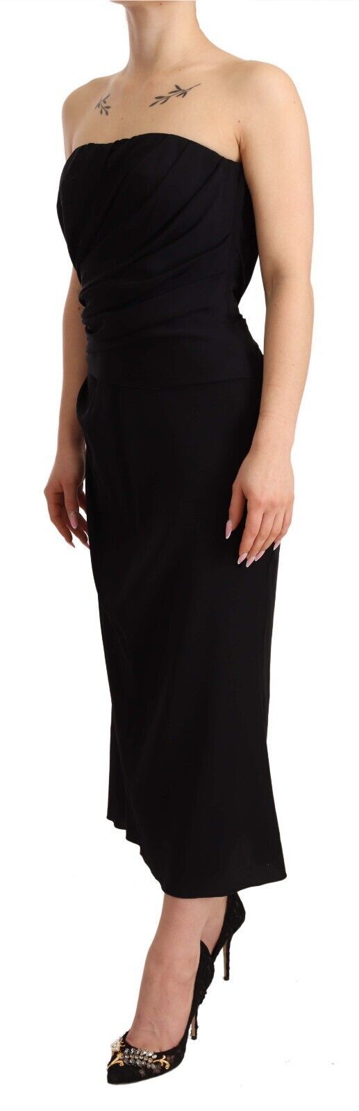 Dolce & Gabbana Black Silk Stretch Strapless Sheath Midi Women's Dress
