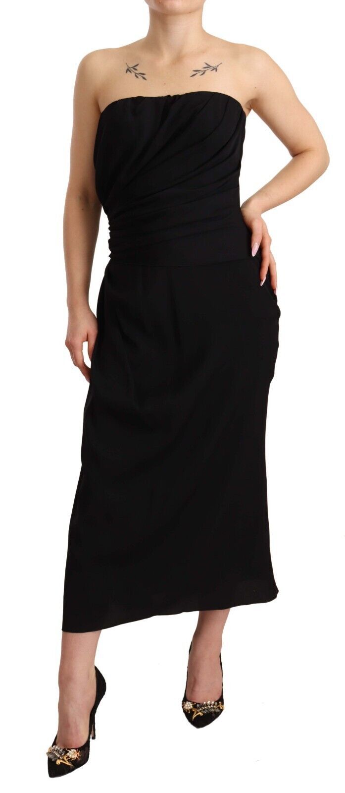 Dolce & Gabbana Black Silk Stretch Strapless Sheath Midi Women's Dress