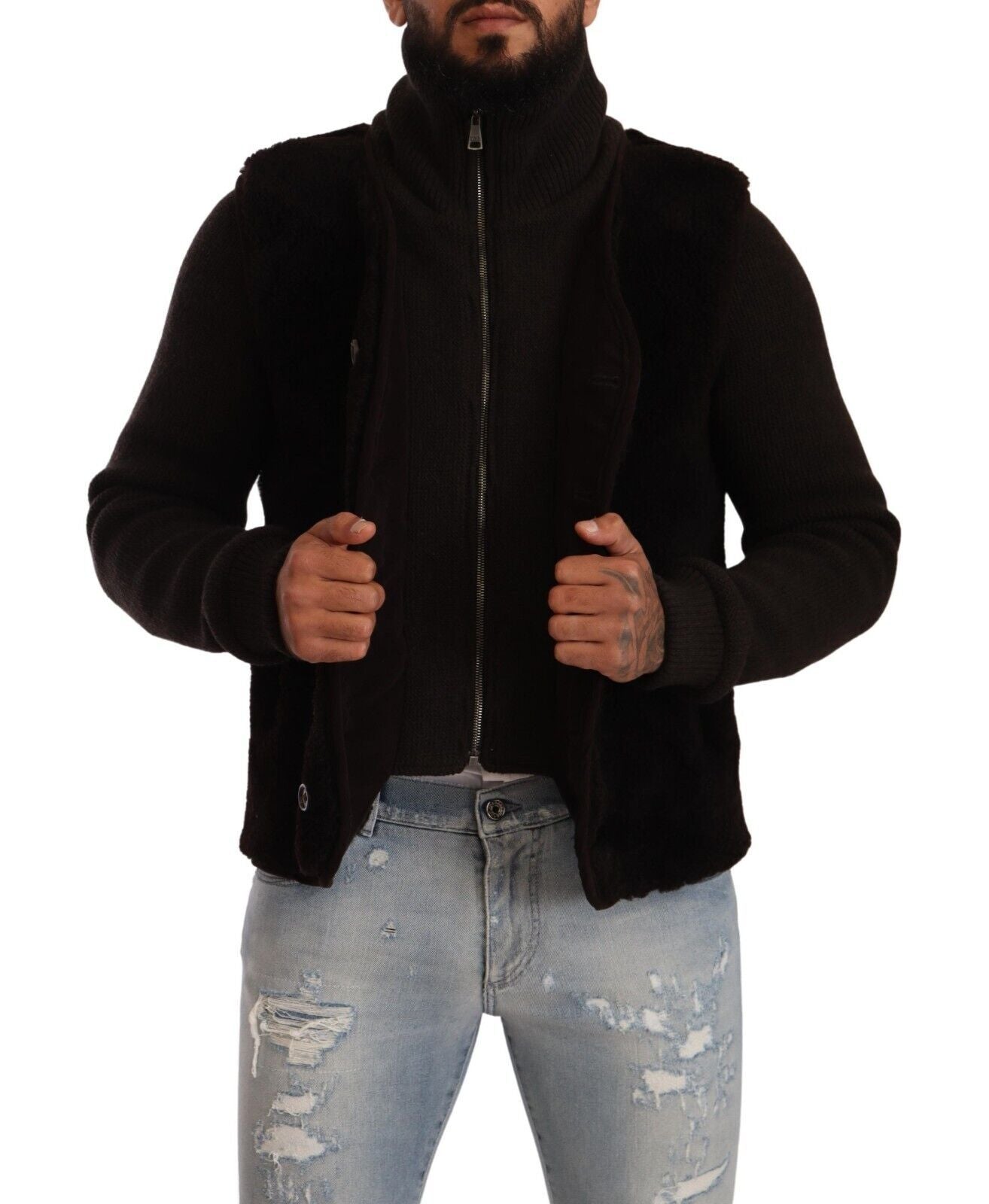 Dolce & Gabbana Black Leather Mens Turtle Neck Coat Men's Jacket