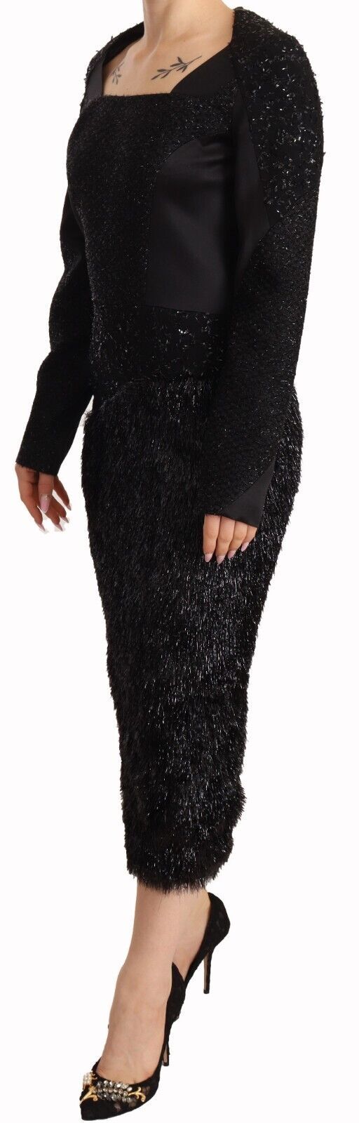 Masha Ma Black Studs Embellished Long Sleeves Sheath Midi Women's Dress