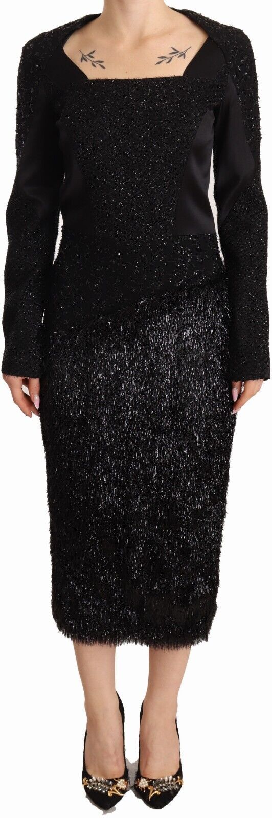 Masha Ma Black Studs Embellished Long Sleeves Sheath Midi Women's Dress