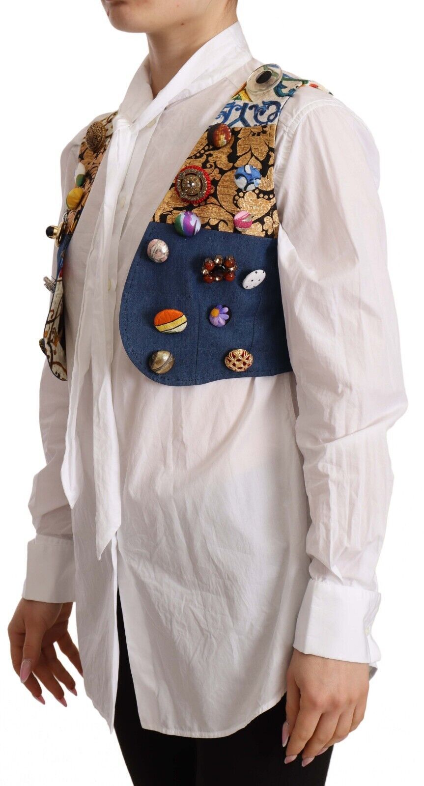 Dolce & Gabbana Multicolor Embellished Waist Coat Cotton Women's Top