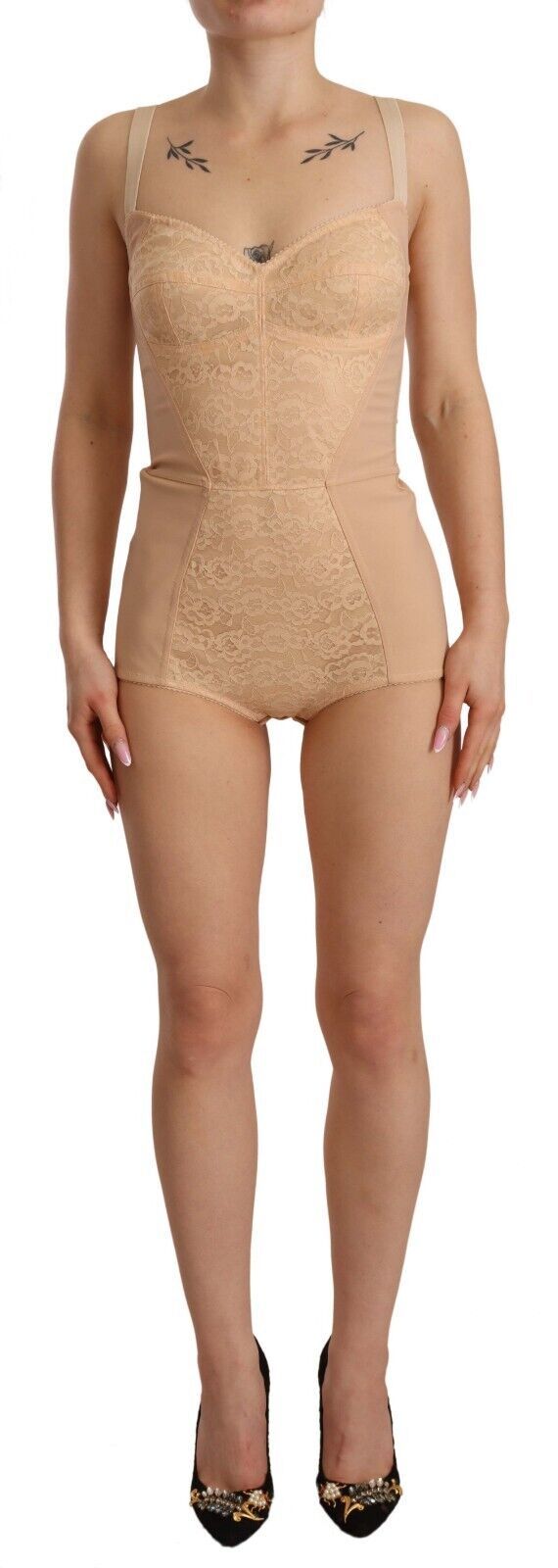 Dolce & Gabbana Beige Nylon Floral Lace Bodysuit Women's Underwear