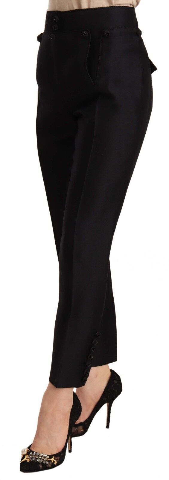 Dsquared² Black Button Embellished Cropped High Waist Women's Pants
