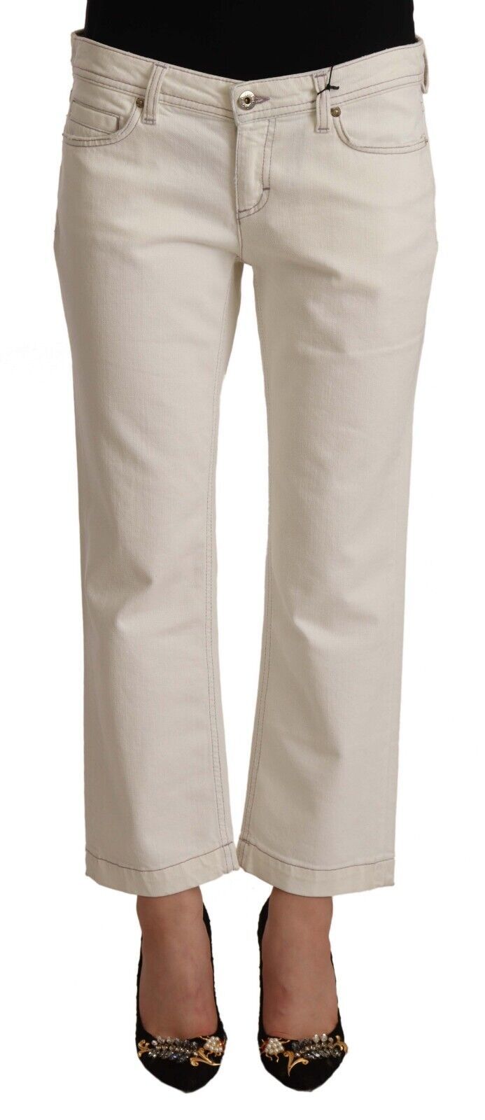 Dolce & Gabbana Off White Cotton Flared Cropped Denim Women's Jeans
