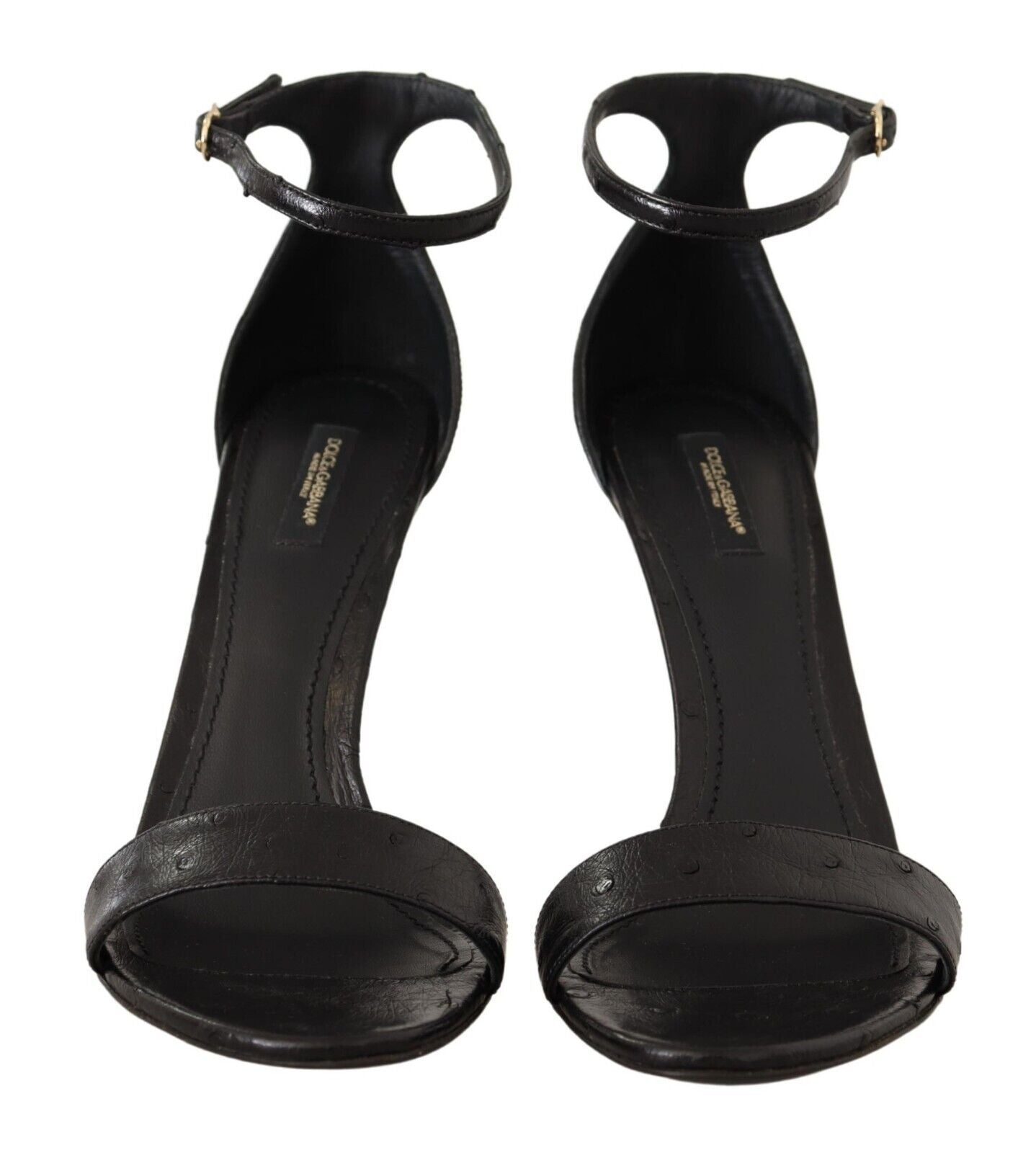 Dolce & Gabbana Black Ostrich Ankle Strap Heels Sandals Women's Shoes