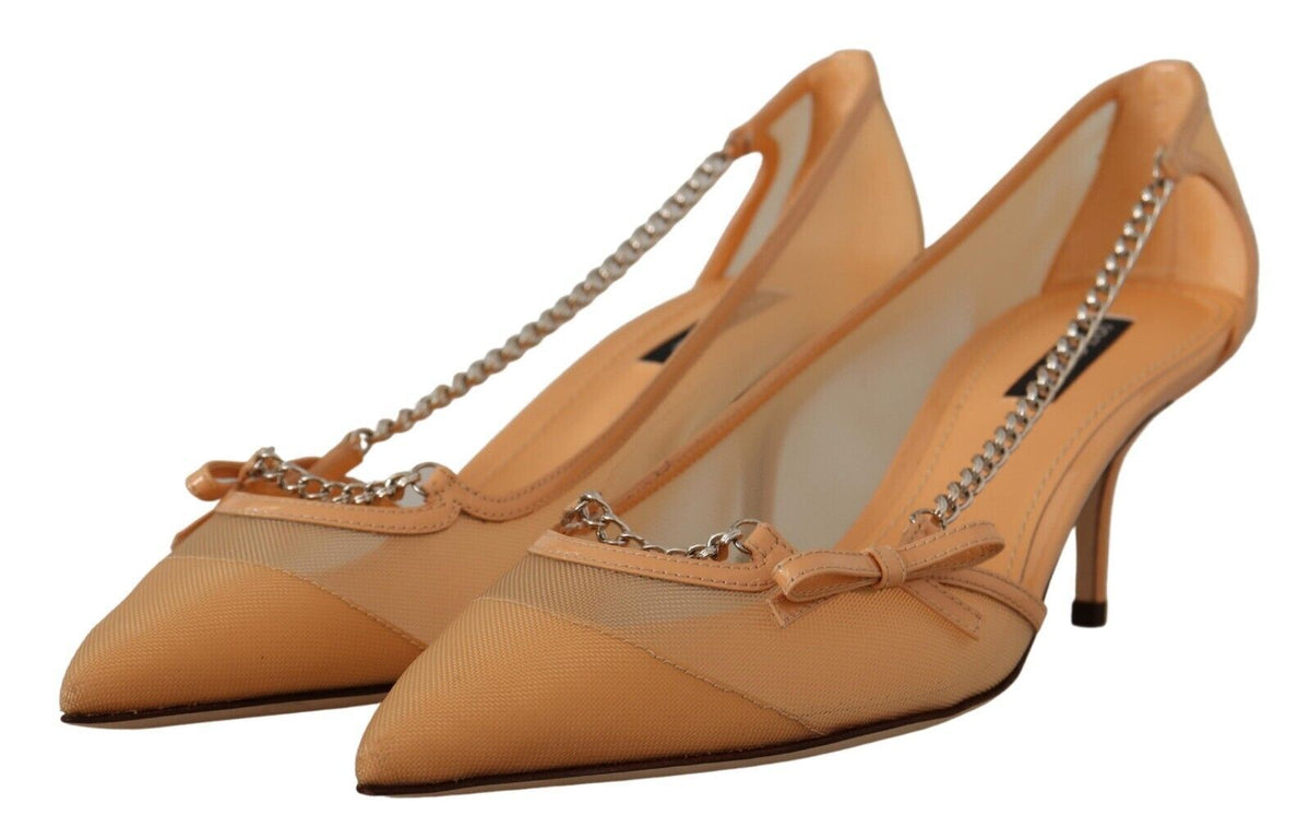Dolce & Gabbana Peach Mesh Leather Chains Heels Pumps Women's Shoes