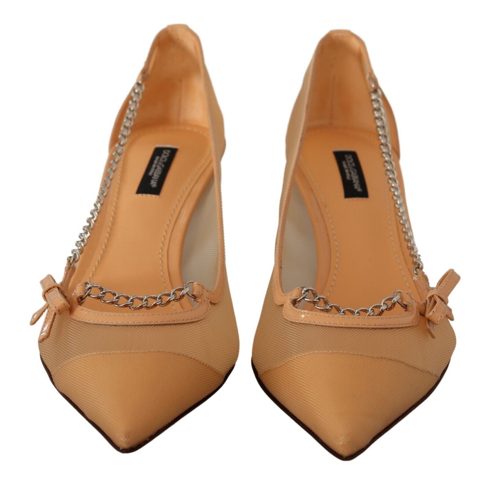 Dolce & Gabbana Peach Mesh Leather Chains Heels Pumps Women's Shoes
