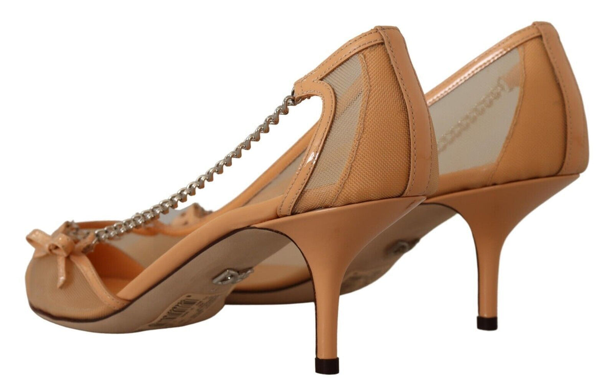 Dolce & Gabbana Peach Mesh Leather Chains Heels Pumps Women's Shoes