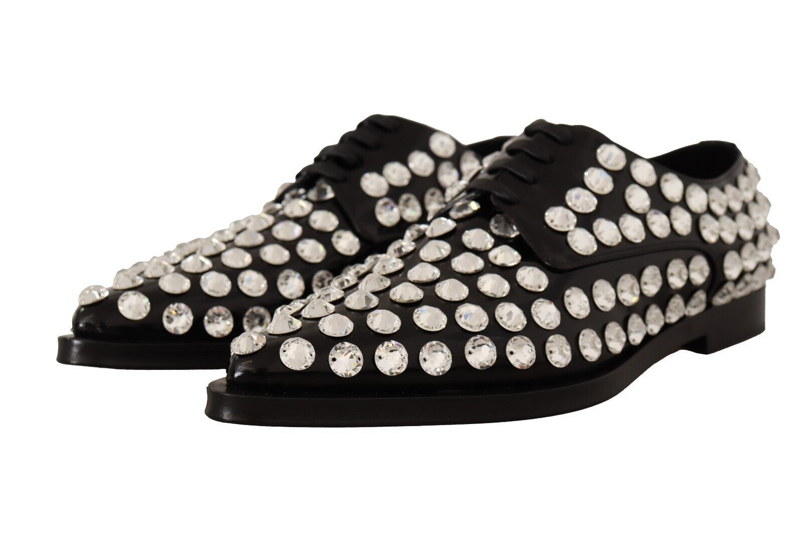 Dolce & Gabbana Black Leather Crystals Lace Up Formal Women's Shoes