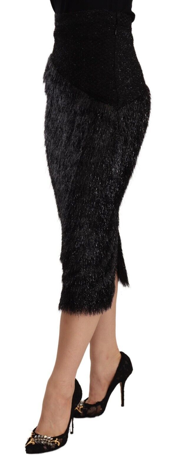 Masha Ma Black Tinsel High Waist Pencil Midi Viscose Women's Skirt