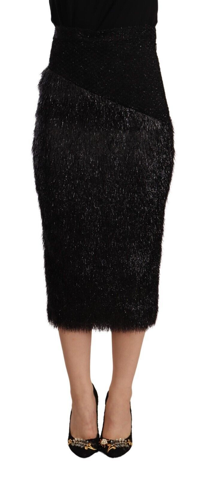 Masha Ma Black Tinsel High Waist Pencil Midi Viscose Women's Skirt