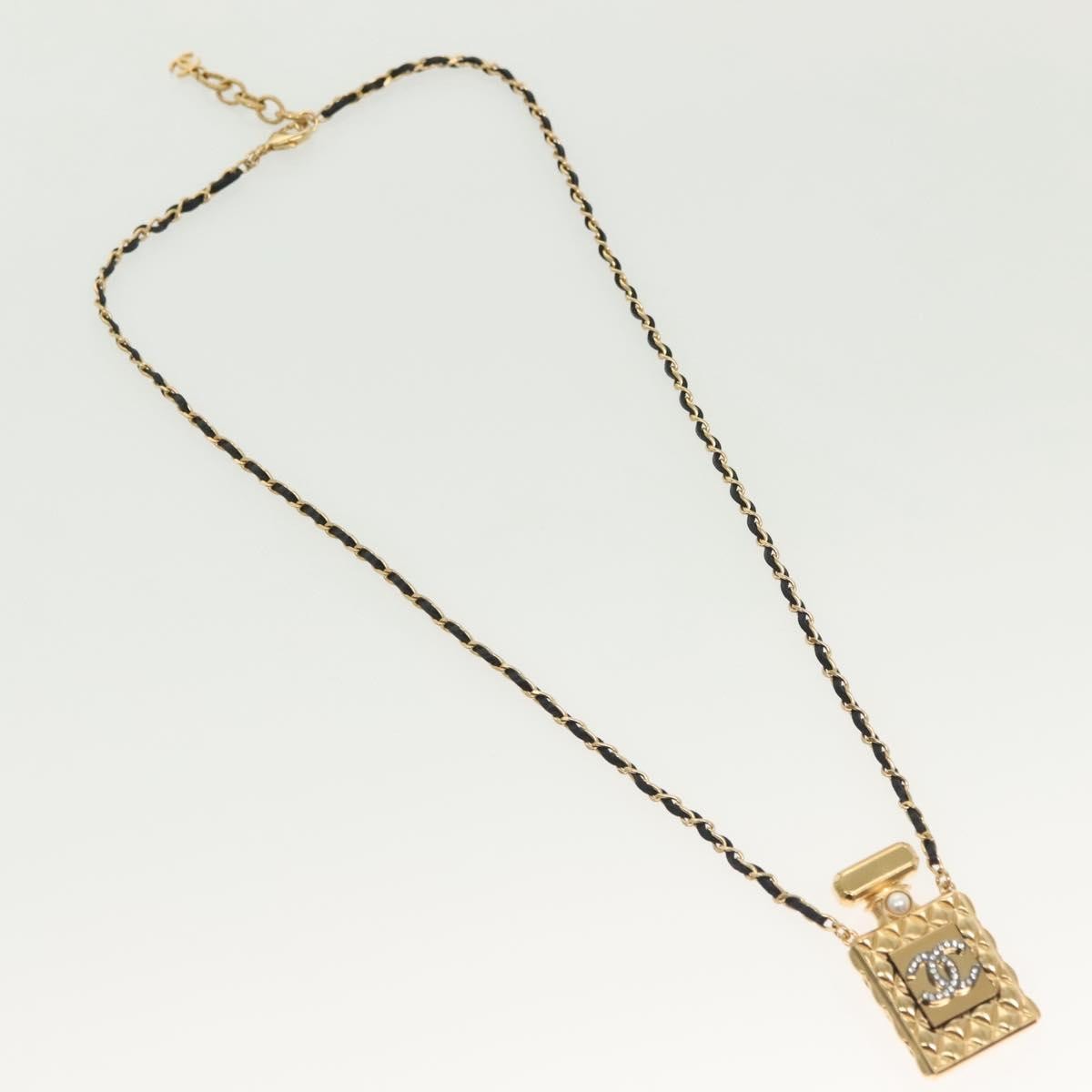 Chanel Cc Perfume Bottle Pendant Chain Long Metal With Leather, Crystals And Faux Pearl Gold Metal Necklace Jewelry (Pre-Owned)