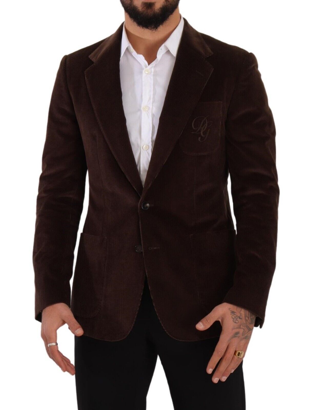 Dolce & Gabbana Brown Corduroy Slim Fit Coat DG Logo Men's Blazer