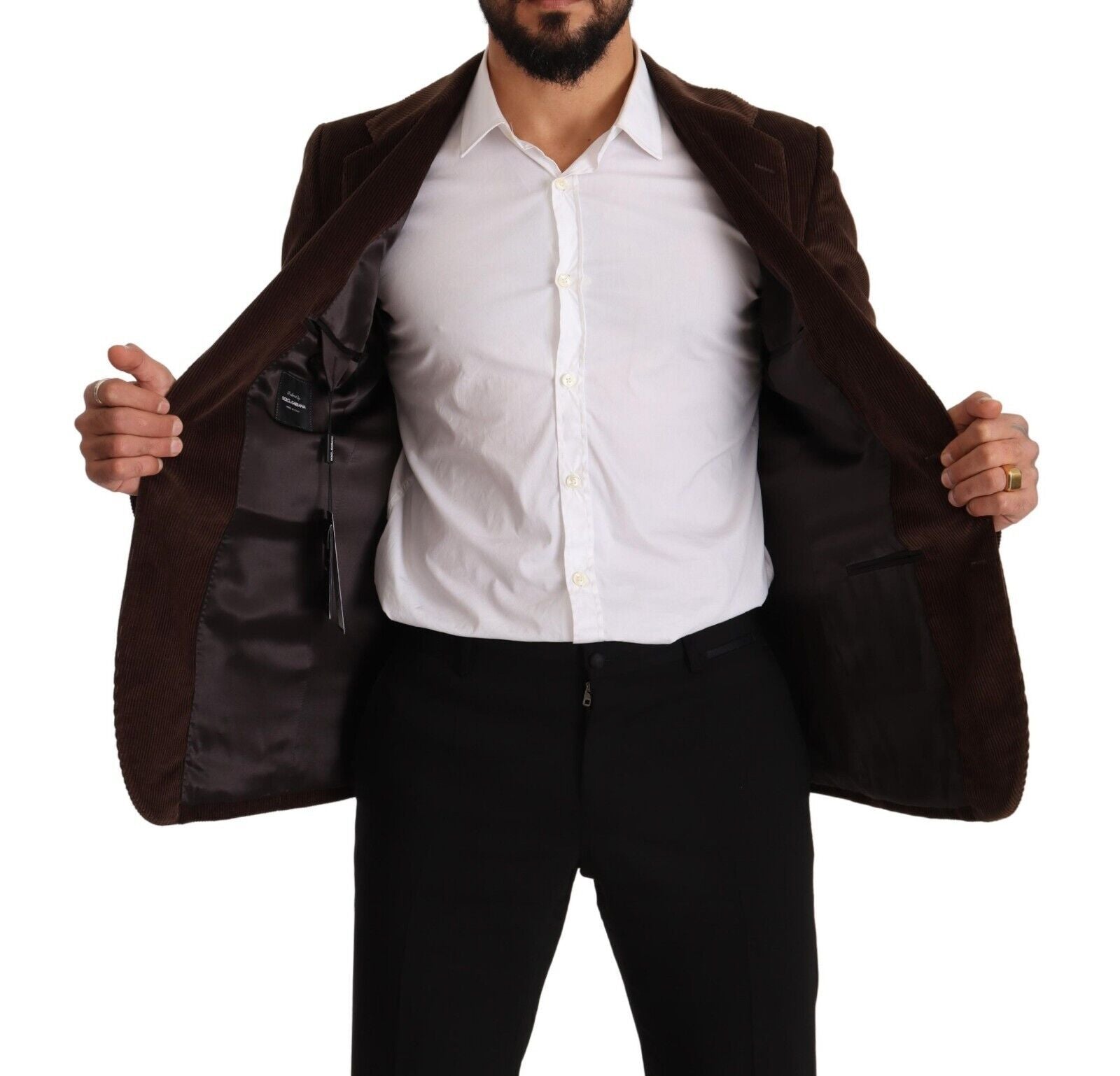 Dolce & Gabbana Brown Corduroy Slim Fit Coat DG Logo Men's Blazer