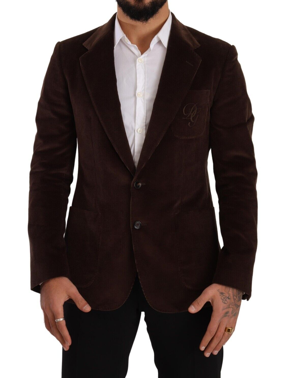 Dolce & Gabbana Brown Corduroy Slim Fit Coat DG Logo Men's Blazer