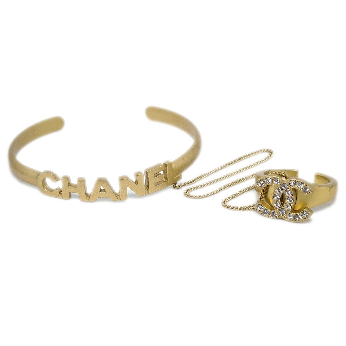 Chanel Logo Bangle With Chain Attached Cc Metal With Crystal Gold Gold_Plated Bracelet Jewelry (Pre-Owned)