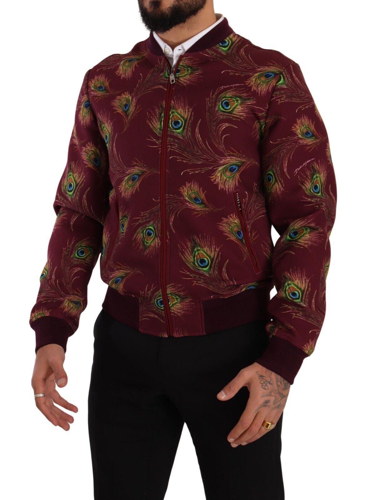 Dolce & Gabbana Red Peacock Polyester Stretch Full Zip Men's Jacket