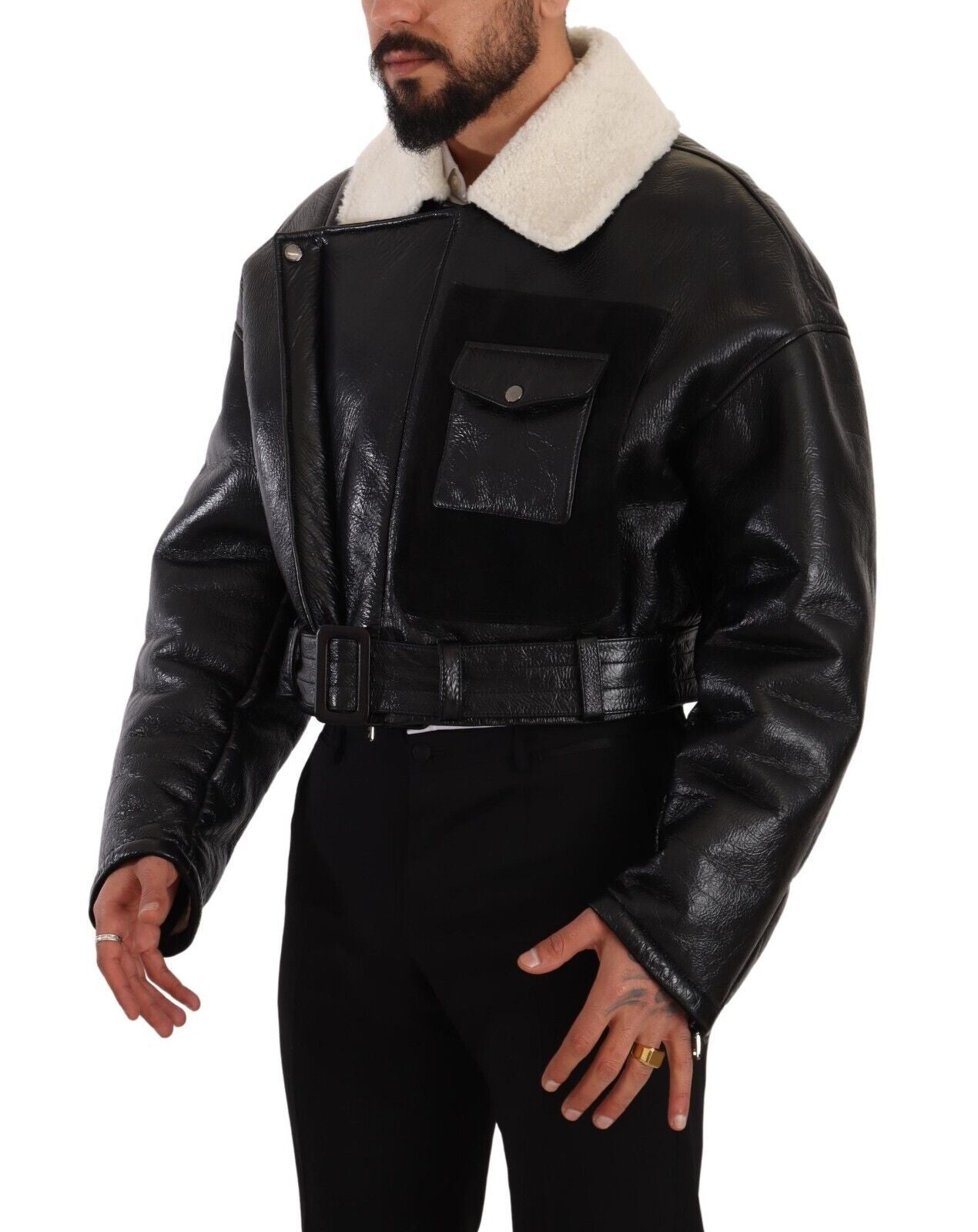 Dolce & Gabbana Black Leather Shearling Biker Coat Men's Jacket