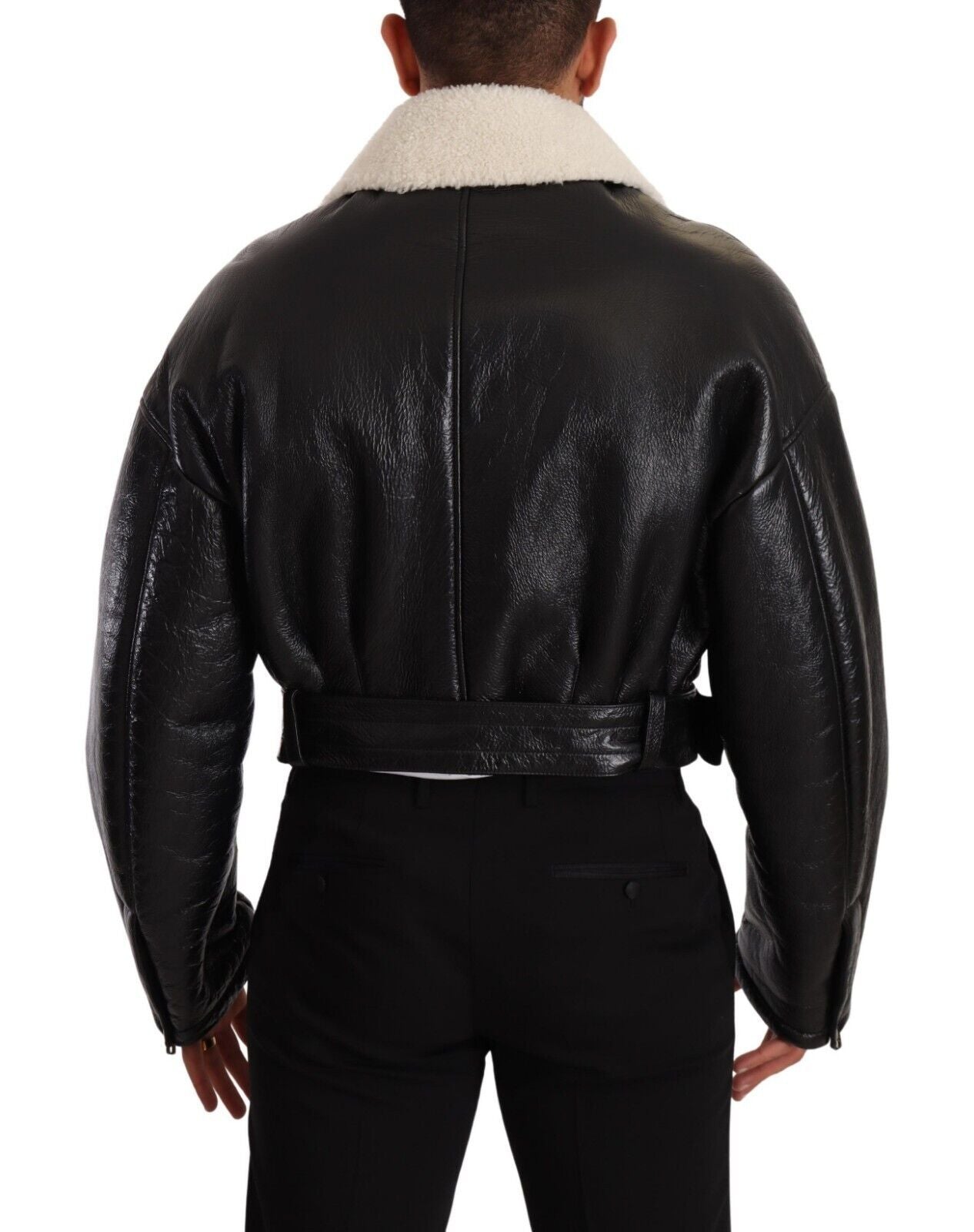 Dolce & Gabbana Black Leather Shearling Biker Coat Men's Jacket