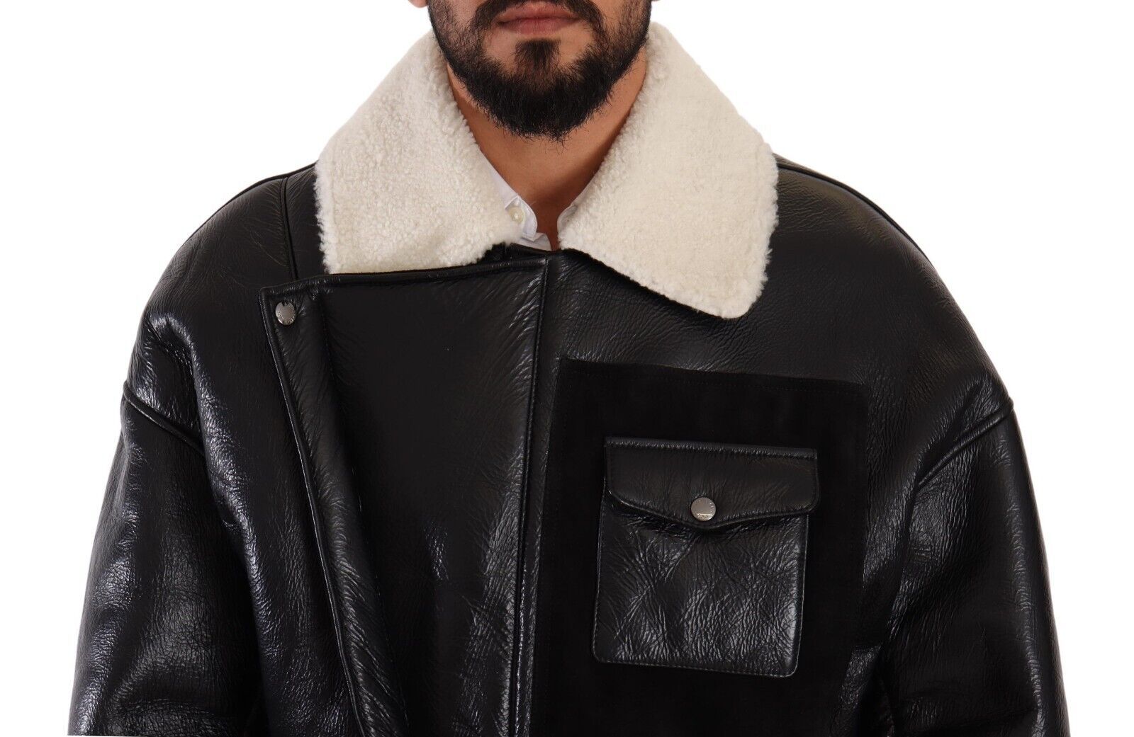 Dolce & Gabbana Black Leather Shearling Biker Coat Men's Jacket
