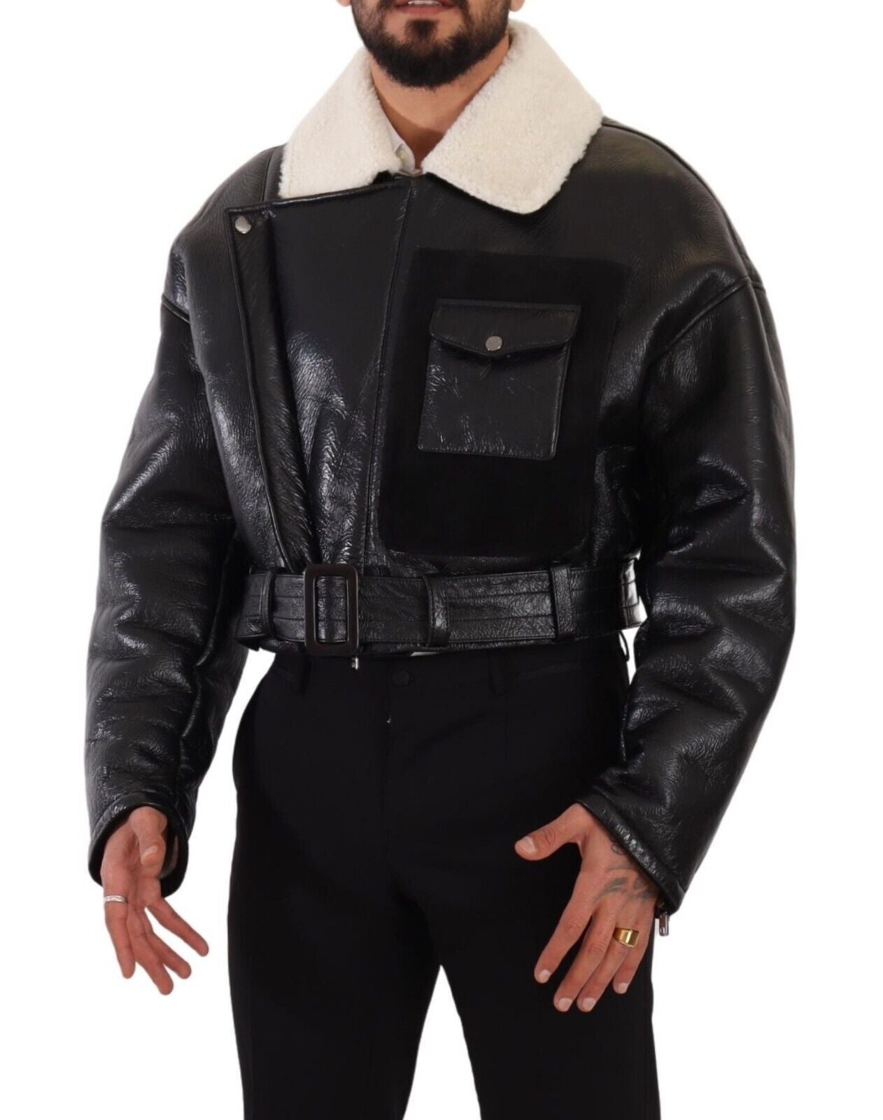 Dolce & Gabbana Black Leather Shearling Biker Coat Men's Jacket
