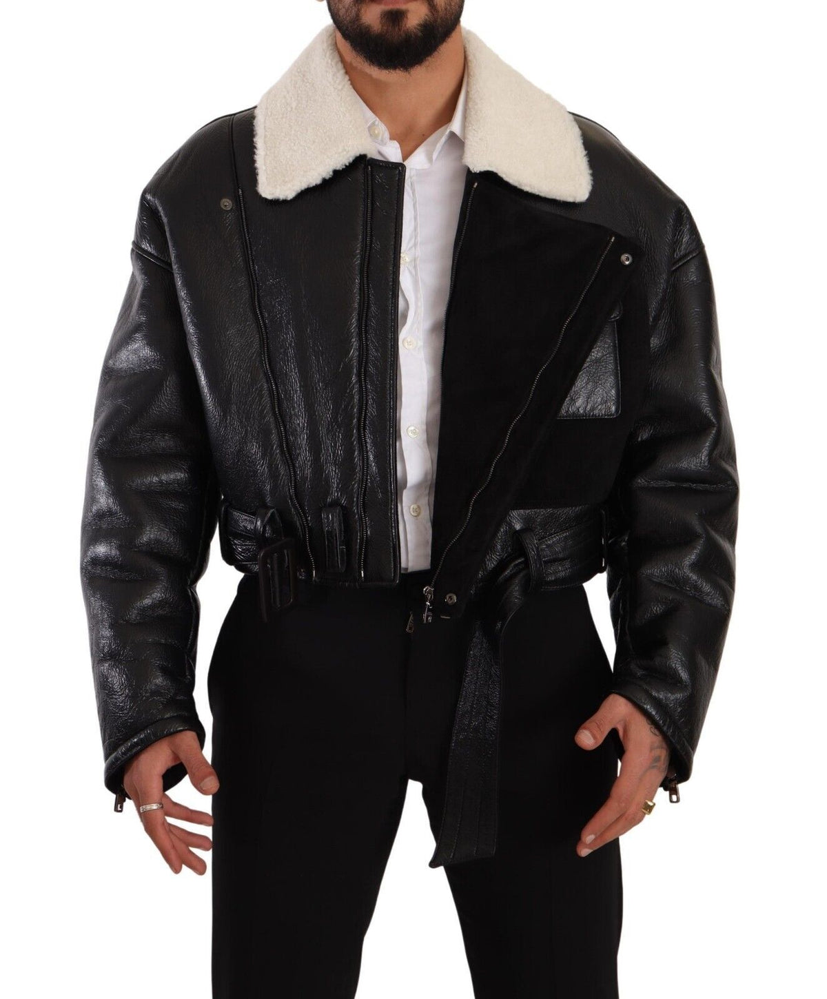 Dolce & Gabbana Black Leather Shearling Biker Coat Men's Jacket