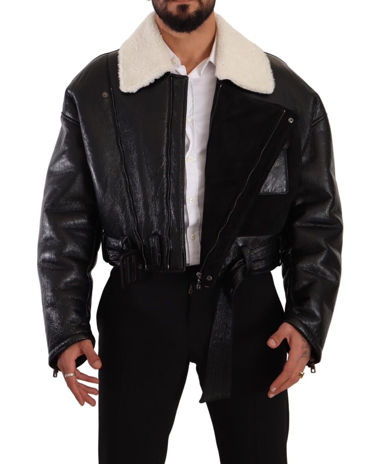 Dolce & Gabbana Black Leather Shearling Biker Coat Men's Jacket