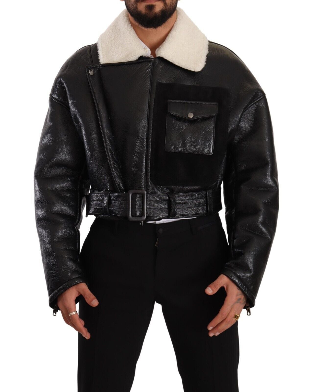 Dolce & Gabbana Black Leather Shearling Biker Coat Men's Jacket