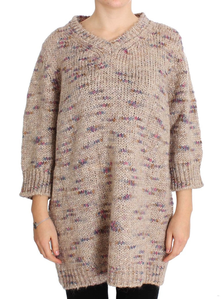 PINK MEMORIES Beige Oversized V-Neck Knitted Women's Sweater