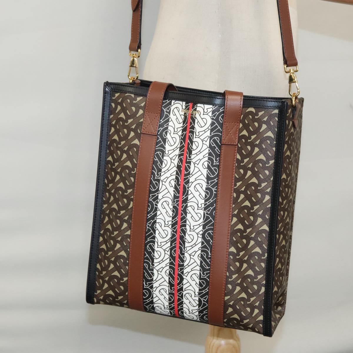 Burberry Stripe Brown Canvas Tote Bag (Pre-Owned)