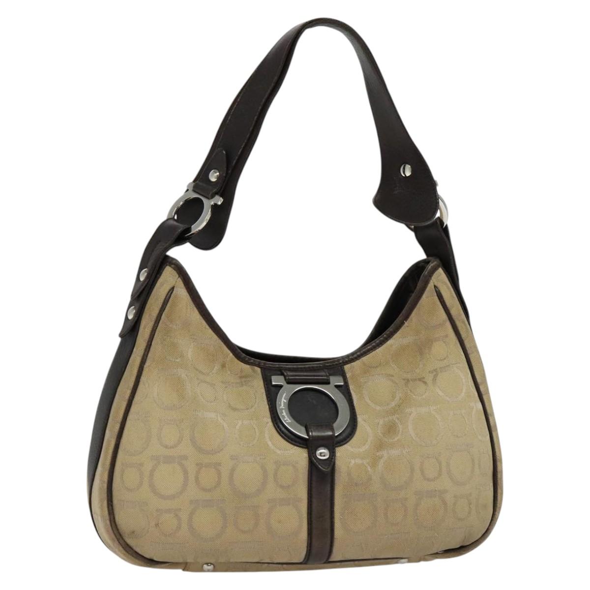 Salvatore Ferragamo Gancini Beige Canvas Shoulder Bag (Pre-Owned)